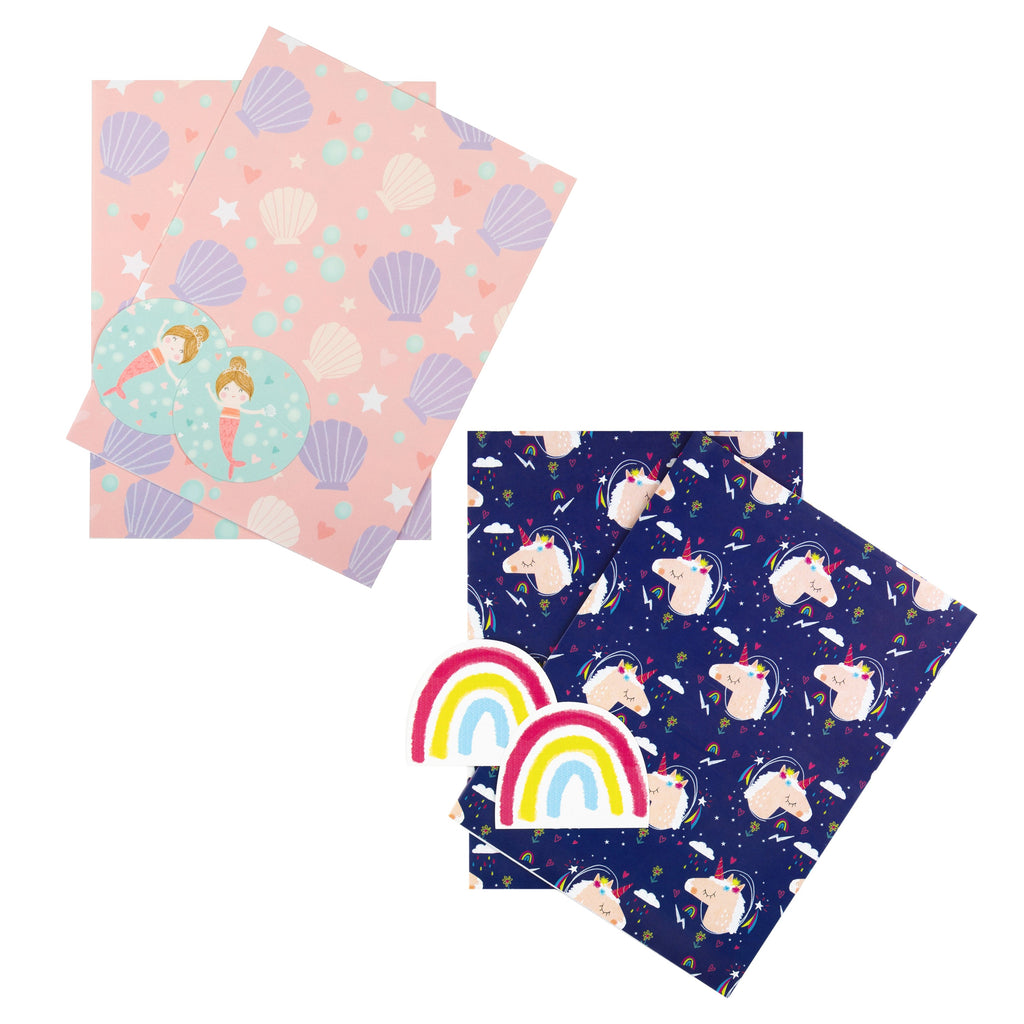 Multi Occasion Wrapping Paper and Gift Tag Pack Duo - Mermaids and Unicorns Designs