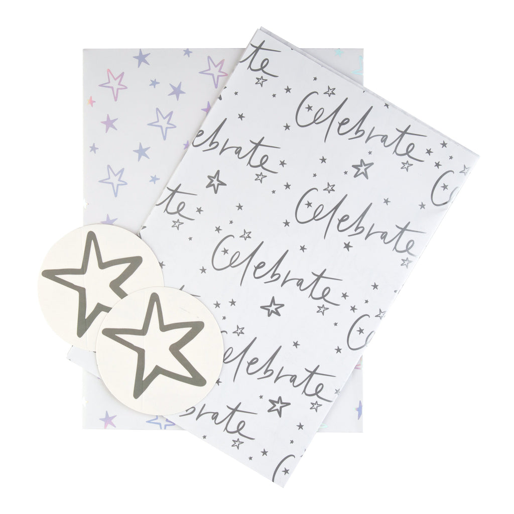 Celebration Wrapping Paper and Gift Tag Pack Duo - Silver Star Design