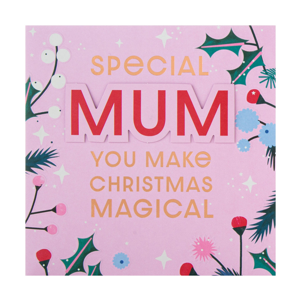 Christmas Card for Special Mum - Contemporary Pink Floral Design 