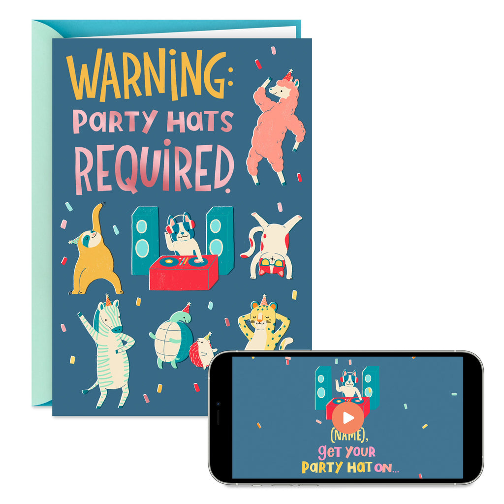 Video Greetings Kids Birthday Card - 'Party Hats Required' Design