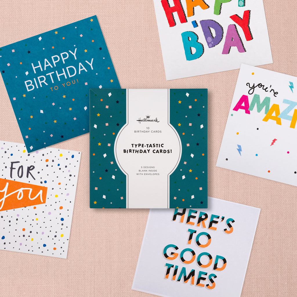 Birthday Cards - Multipack of 10 in 5 Type-tastic Designs