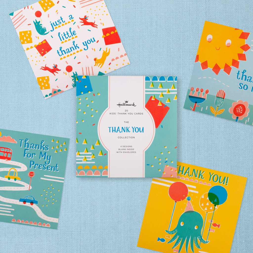 Kids' Thank You Cards - Multipack of 20 in 4 Cute Designs