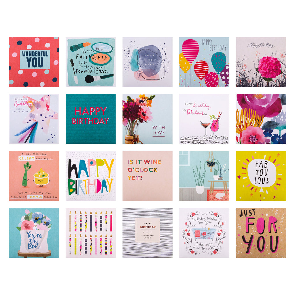 Birthday and Blank Cards - Multipack of 20 in 20 Contemporary Designs