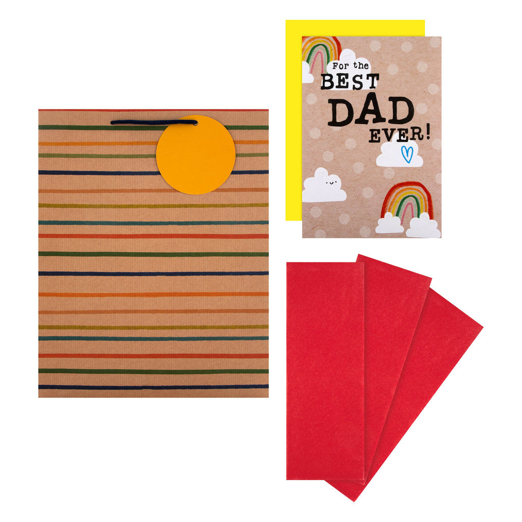 Father's Day Gift Bag, Tissue Paper and Card Bundle - 1 Large Bag, 3 Red Paper Sheets and 1 Card in 3 Contemporary Designs