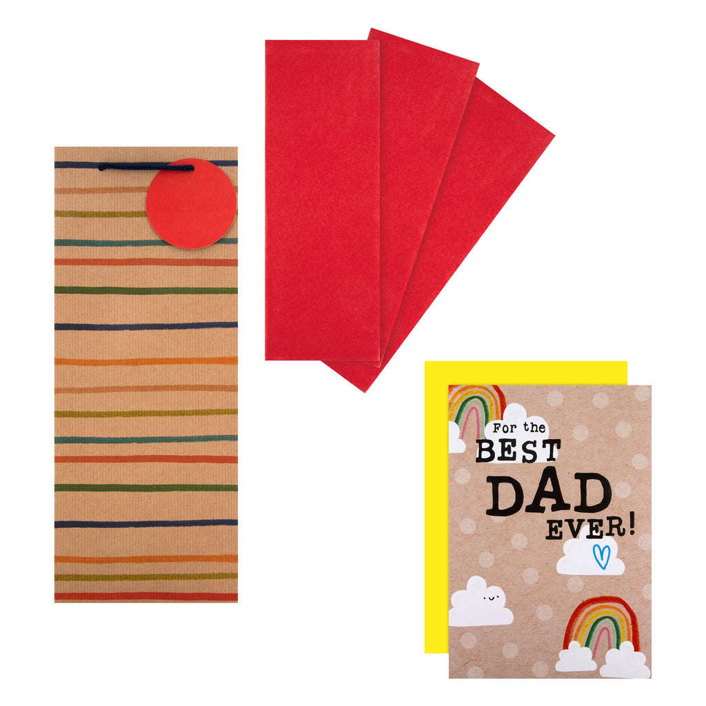 Father's Day Bottle Bag, Tissue Paper and Card Bundle - 1 Bottle Bag, 3 Red Paper Sheets and 1 Card in 3 Contemporary Designs