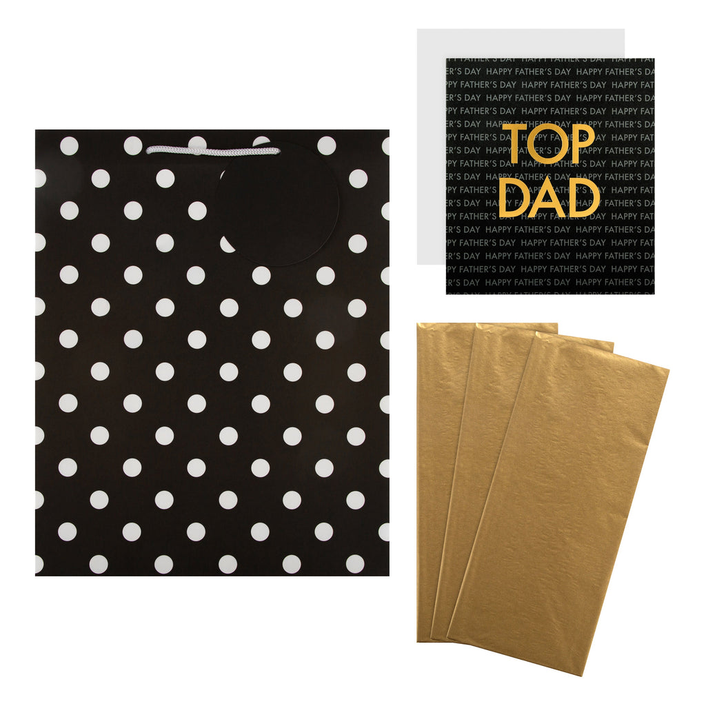 Father's Day Gift Bag, Tissue Paper and Card Bundle - 1 Large Bag, 3 Gold Paper Sheets and 1 Card in 3 Bold Designs