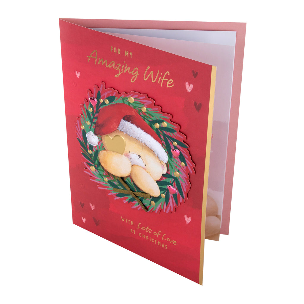 Large Luxury Boxed Christmas Card for Wife - Cute Forever Friends Bear in Wreath Design