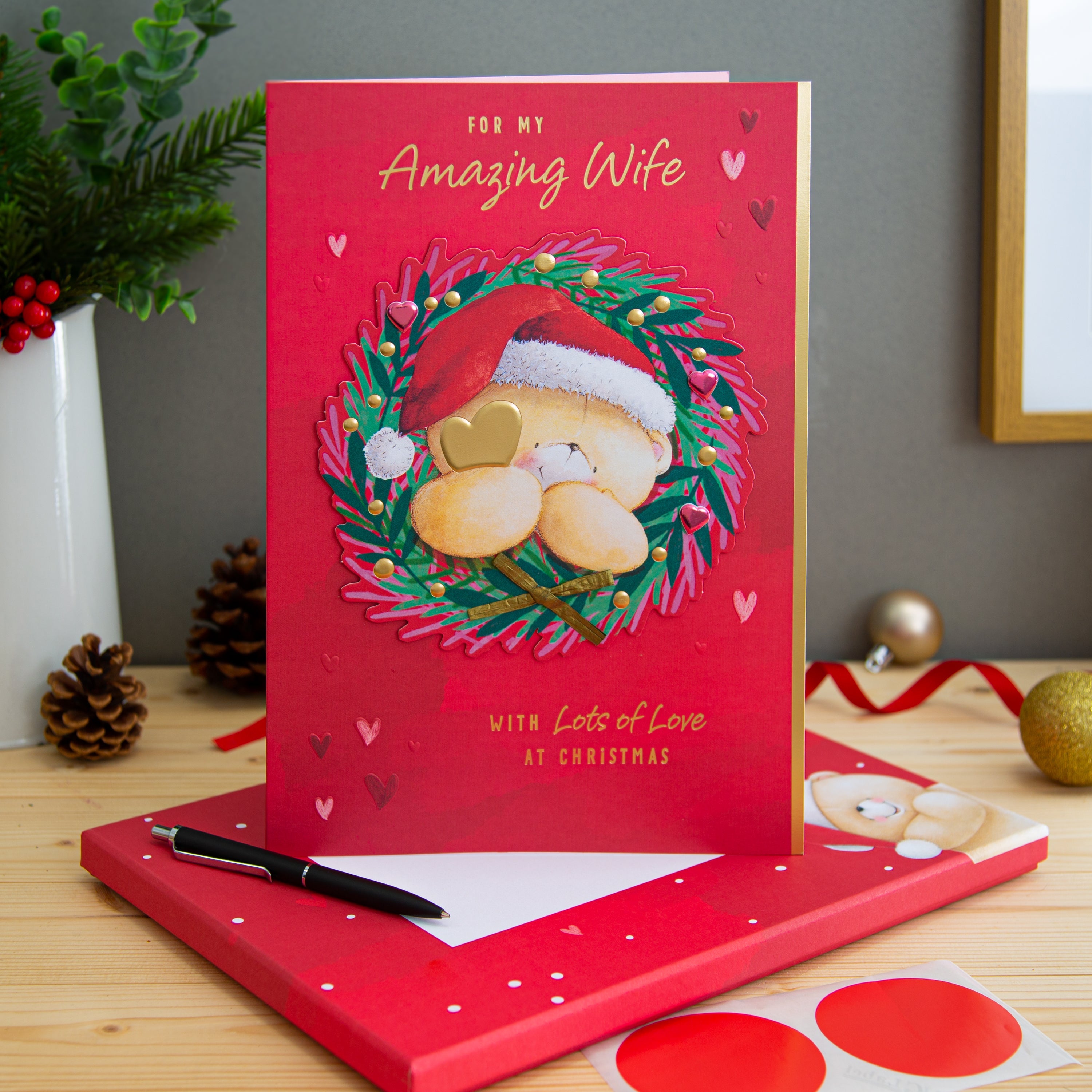 Large Luxury Boxed Christmas Card Wife Cute Forever Friends Bear Wreath Design