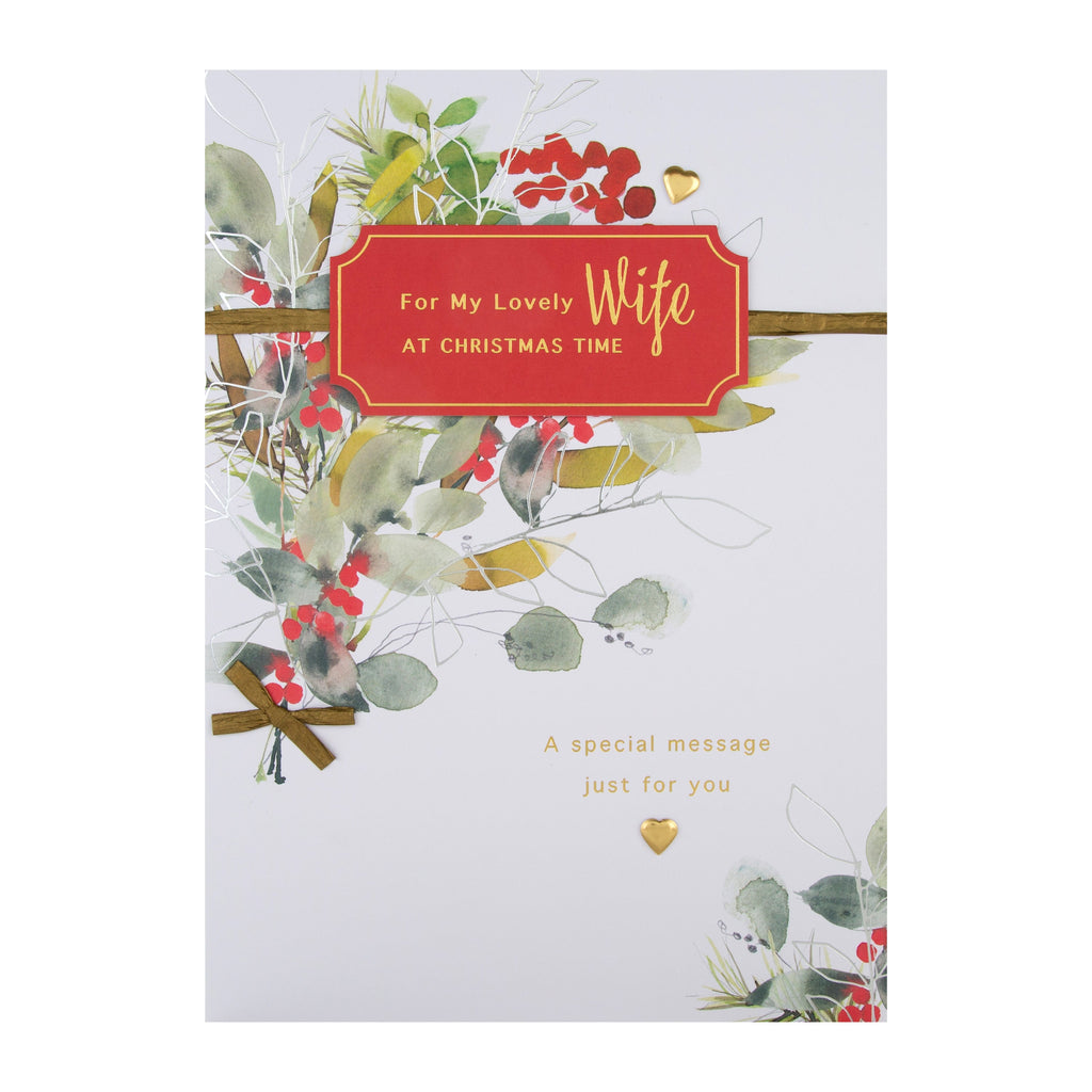 Large Luxury Boxed Christmas Card for Wife - Classic Seasonal Foliage Design