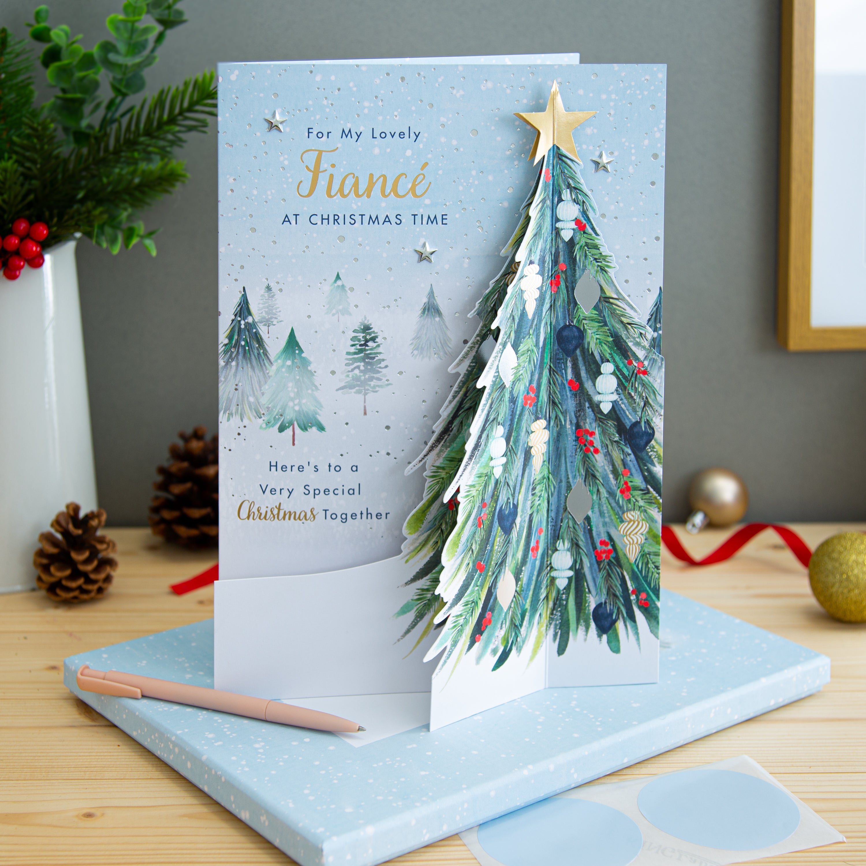 Large Luxury Boxed Christmas Card Fiancé Classic Winter Scene Tree Design