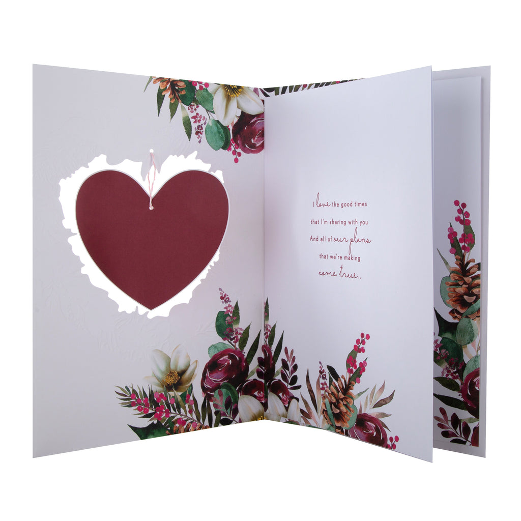 Large Luxury Boxed Christmas Card for Fiancée - Traditional Heart and Wreath Design