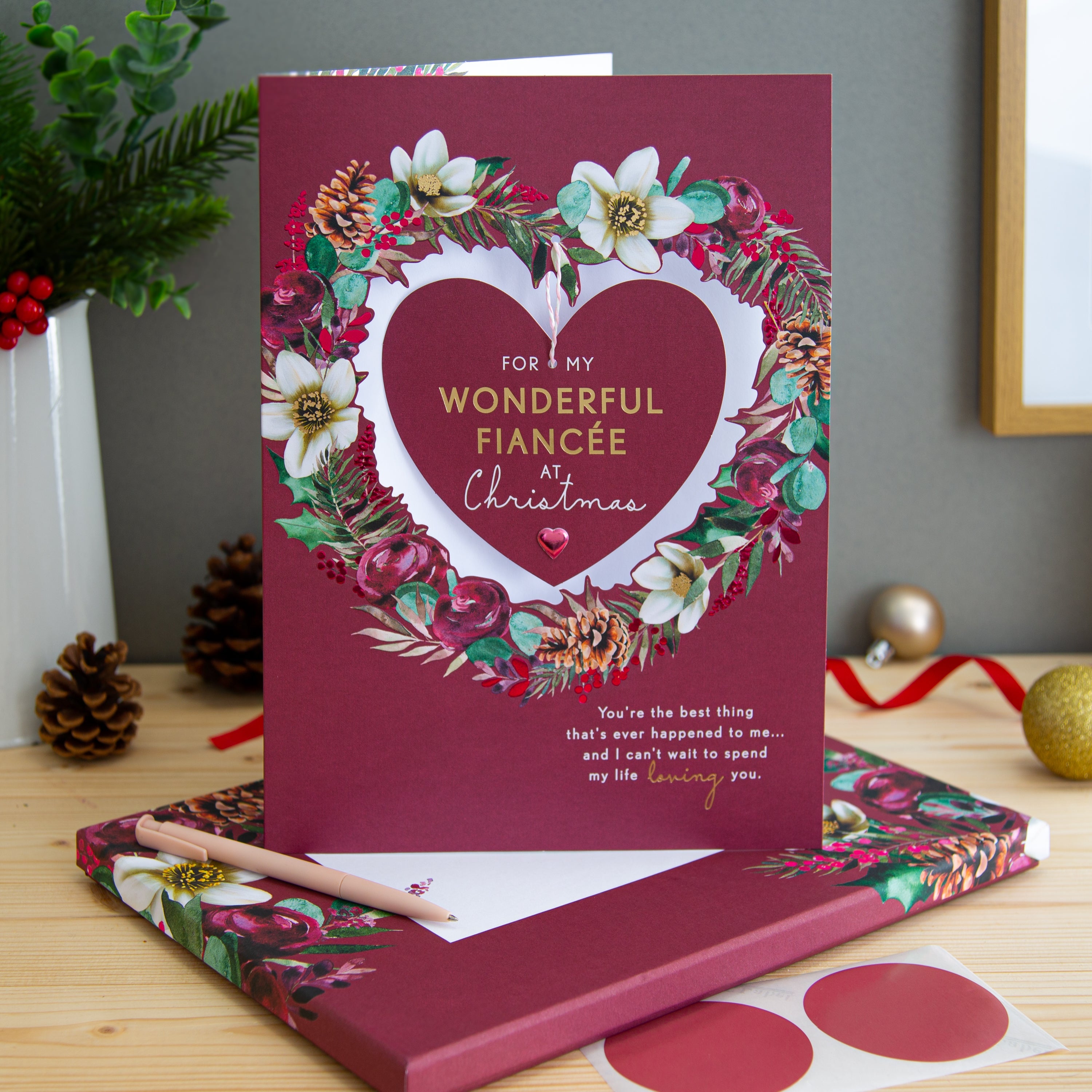 Large Luxury Boxed Christmas Card Fiancée Traditional Heart Wreath Design