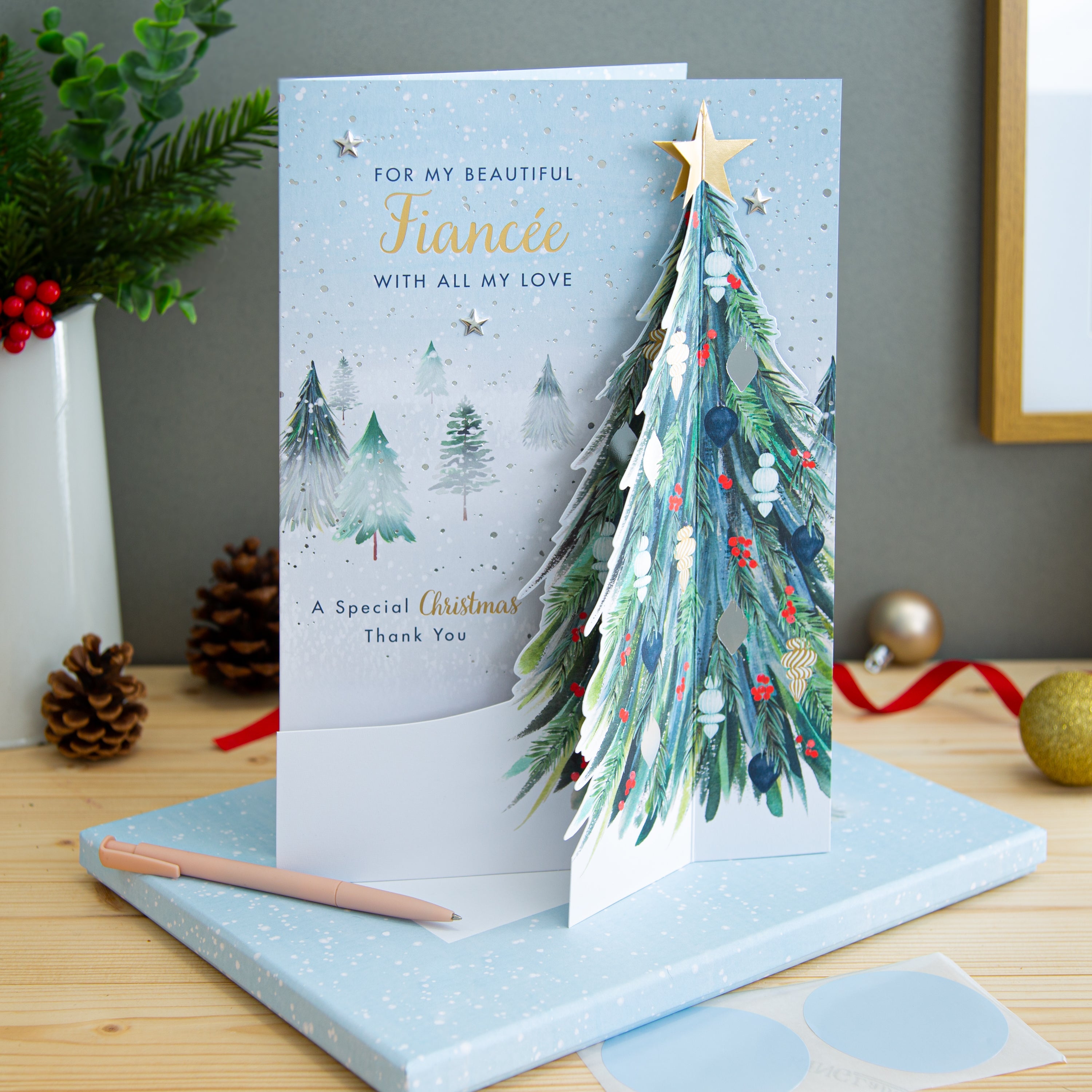 Large Luxury Boxed Christmas Card Fiancée Classic Winter Scene Tree Design