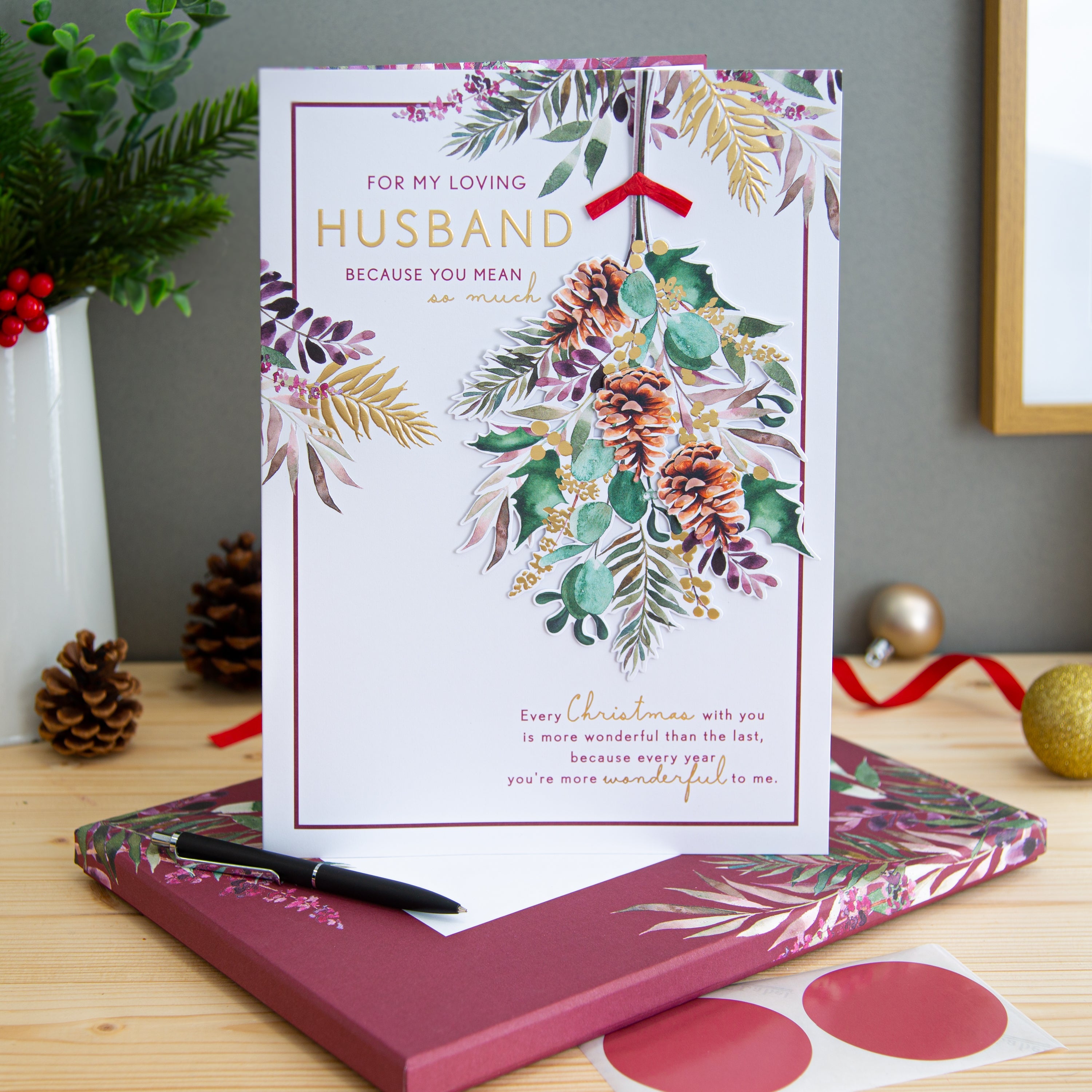 Large Luxury Boxed Christmas Card Husband Traditional Season Foliage Design