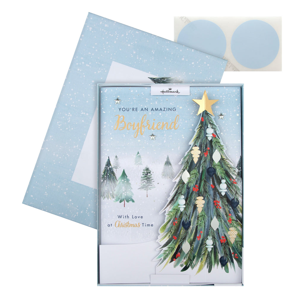 Large Luxury Boxed Christmas Card for Boyfriend - Classic Winter Scene with Tree Design