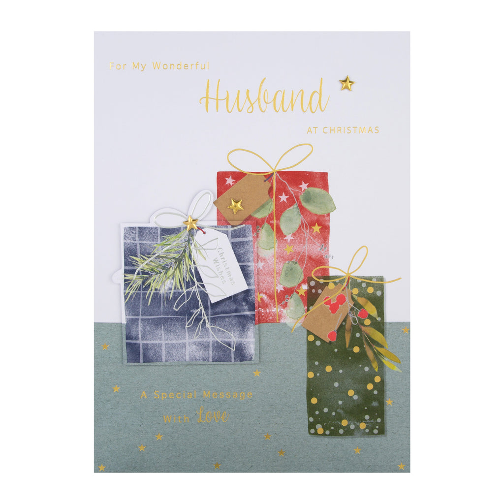 Large Luxury Boxed Christmas Card for Husband - Traditional Wrapped Gifts Design