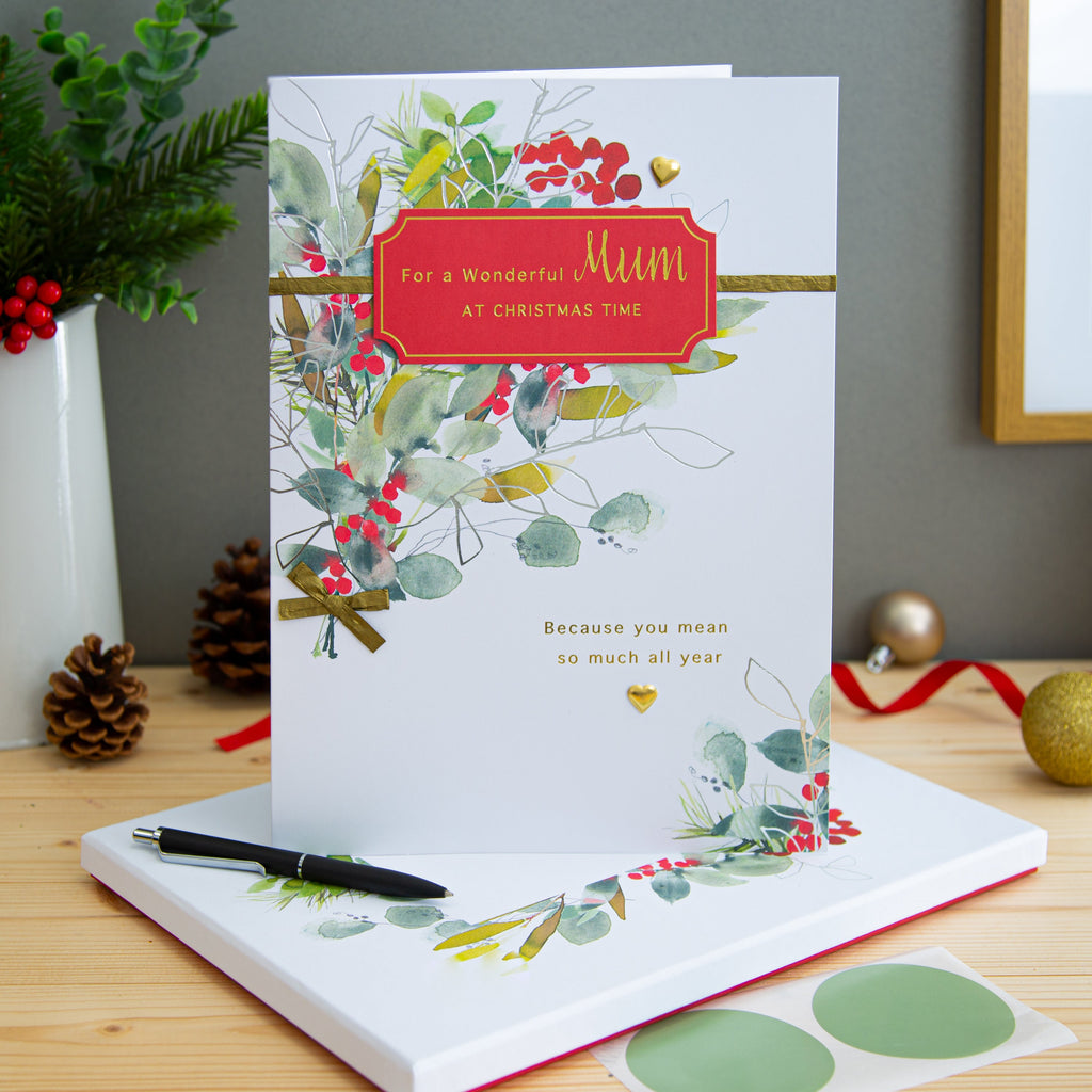Large Luxury Boxed Christmas Card for Mum - Classic Seasonal Foliage Design