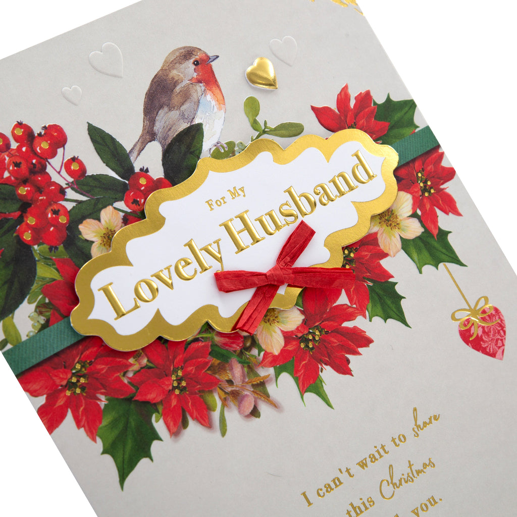 Medium Luxury Boxed Christmas Card for Husband - Traditional Robin and Foliage Design