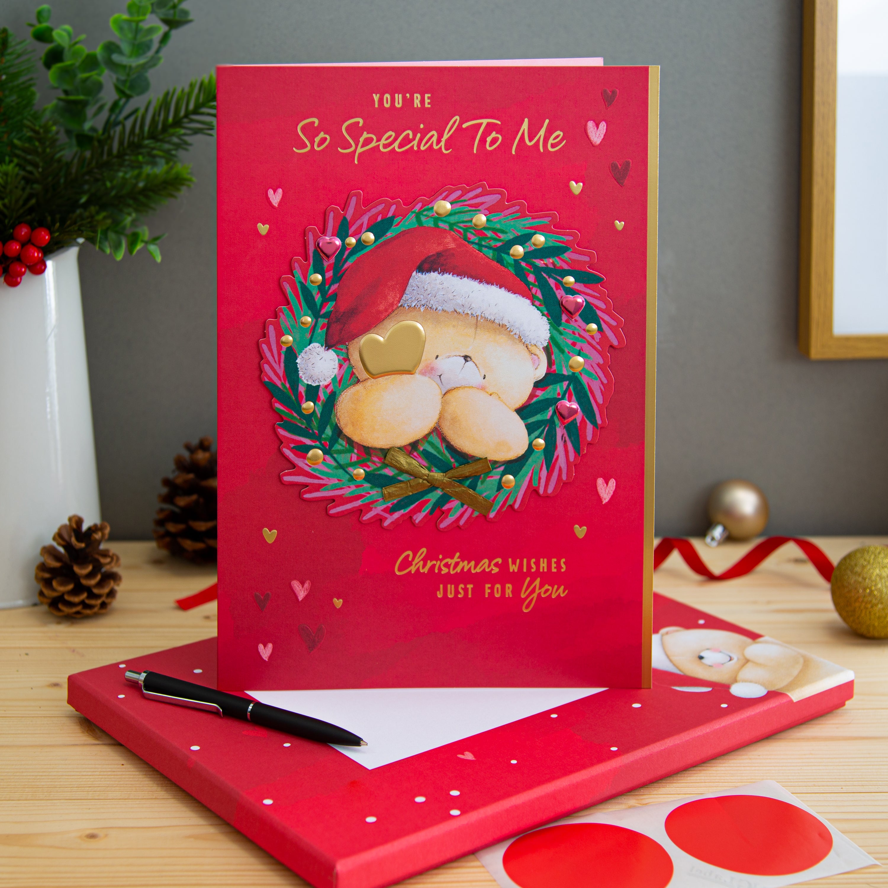 Large Luxury Boxed Christmas Card - Cute Forever Friends Wreath and Heart Design