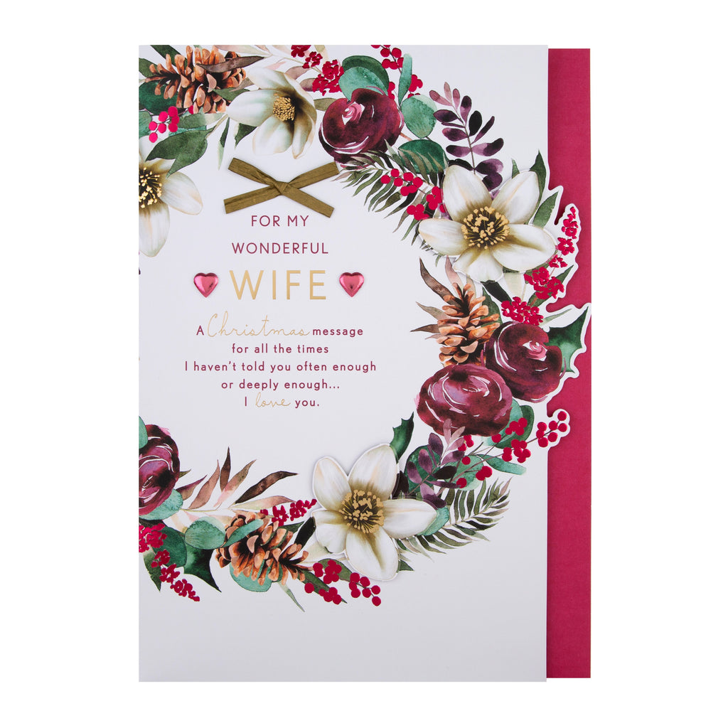 Large Luxury Boxed Christmas Card for Wife - Traditional Wreath and Verse Design