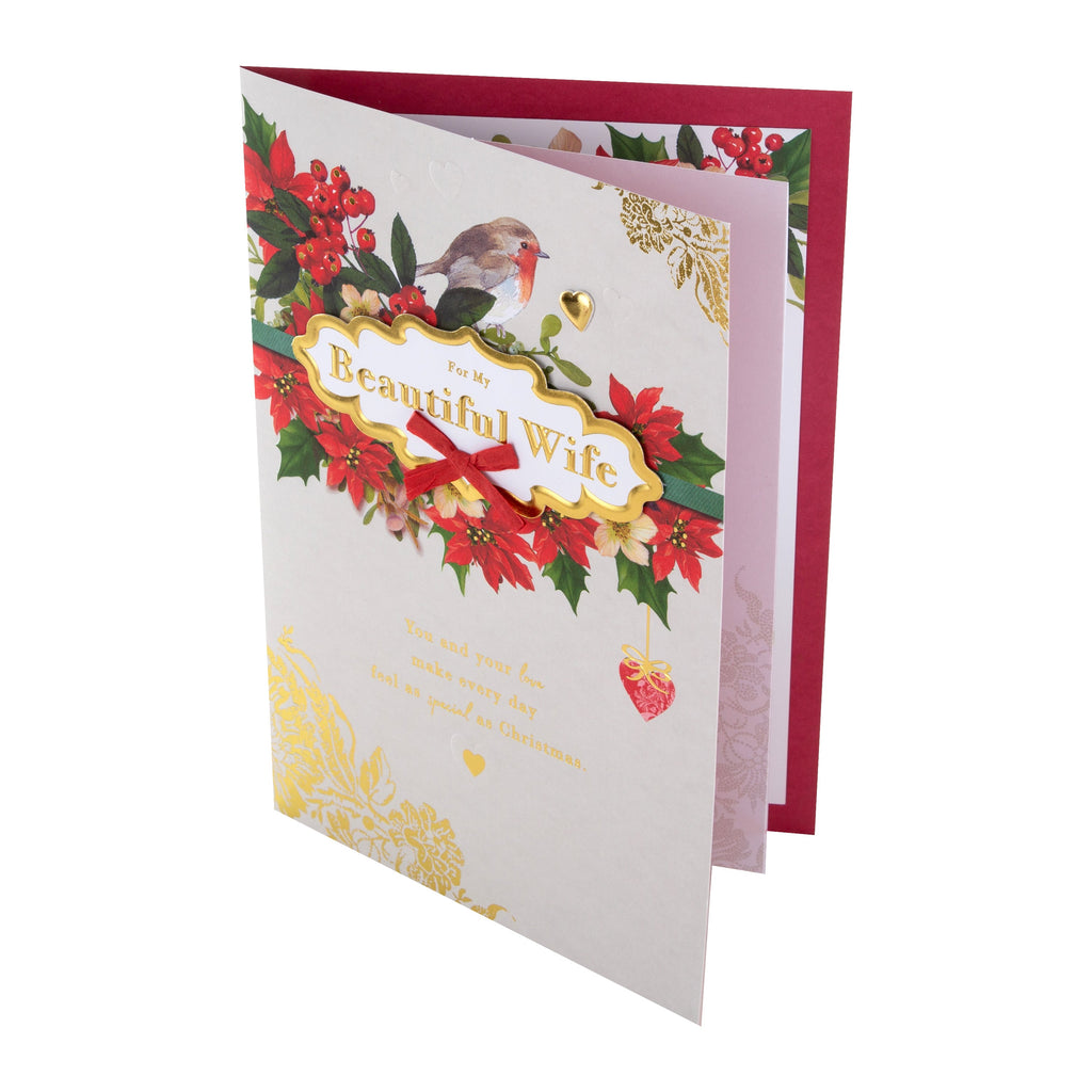 Medium Luxury Boxed Christmas Card for Wife - Traditional Robin and Foliage Design