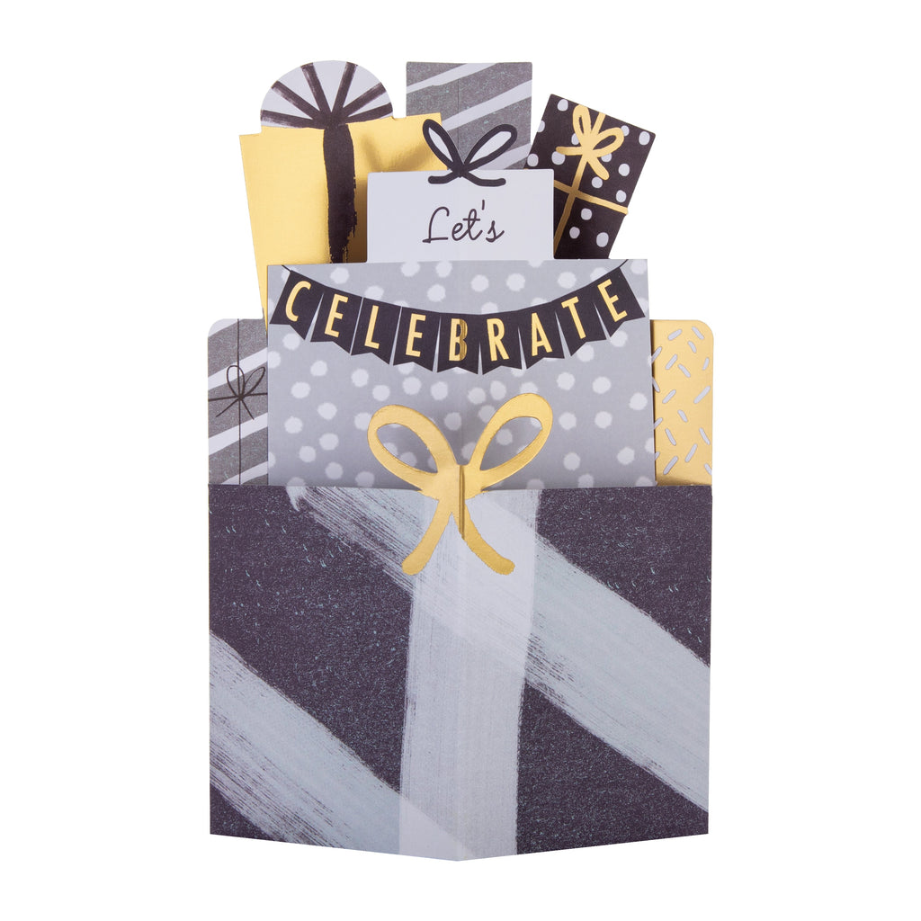 Any Occasion Celebrate Card - 3D Pop Up Grey & Gold Presents Design