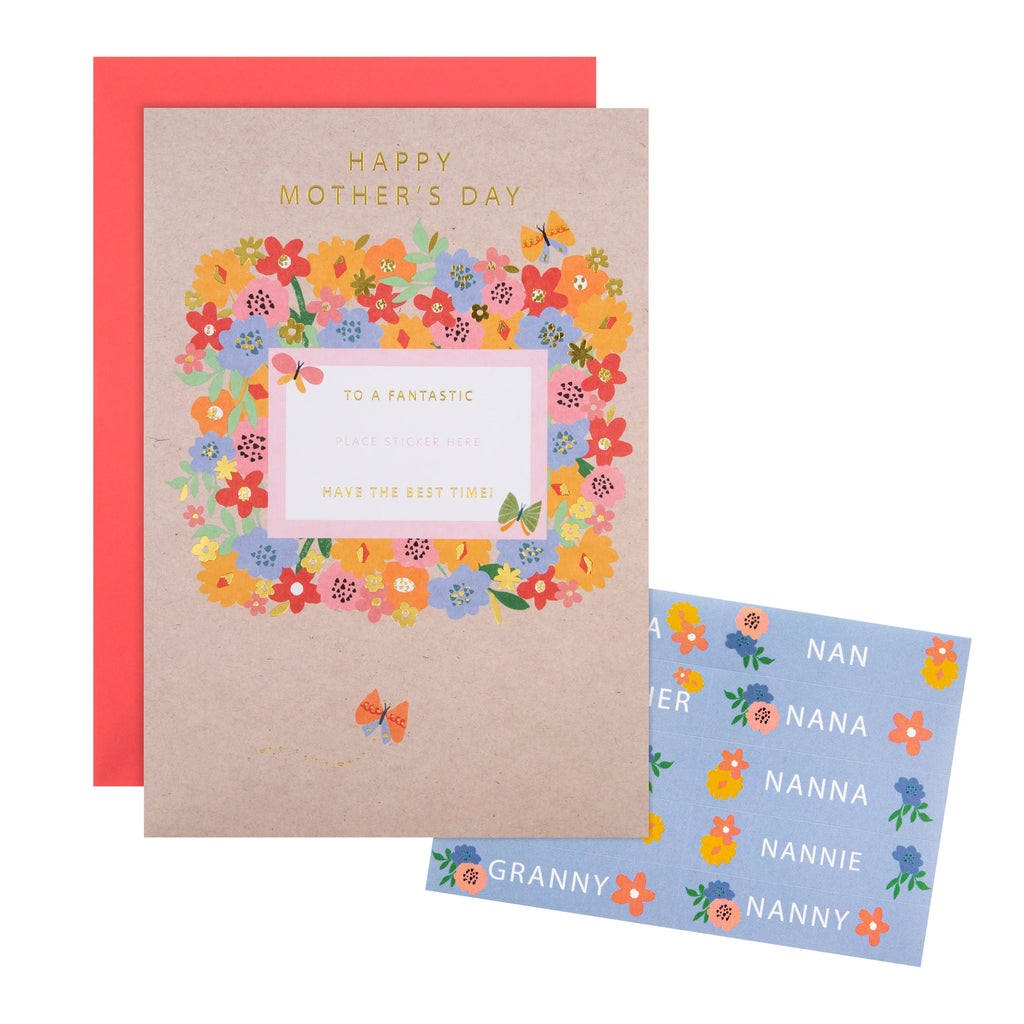 Mother's Day Card for Nan - Traditional Flowers & Personalisable Recipient Stickers