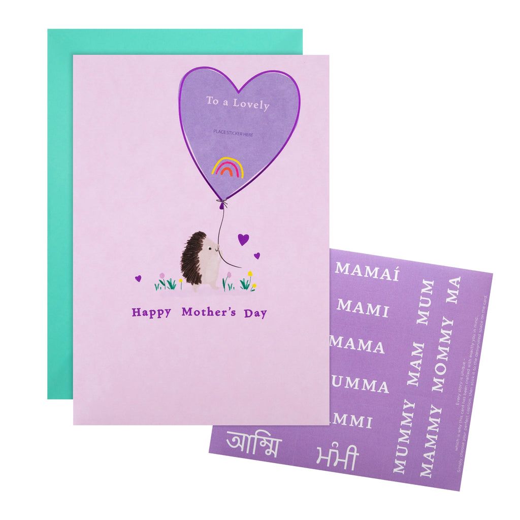 Mother's Day Card for Mum - Cute Hedgehog Design & Personalisable Stickers