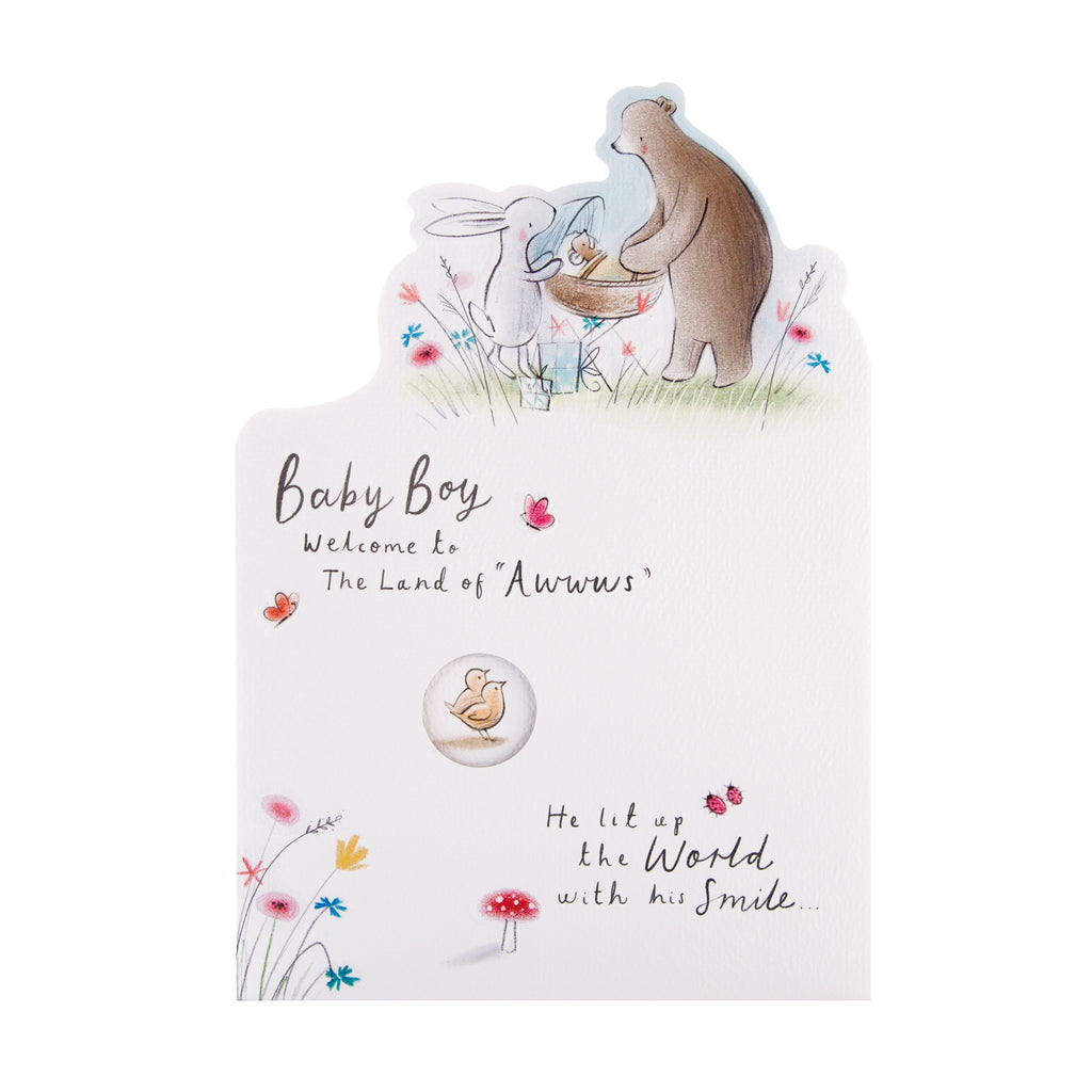 Baby Boy Birth Congratulations Card from Hallmark - Cute Die-cut Bunnies Design