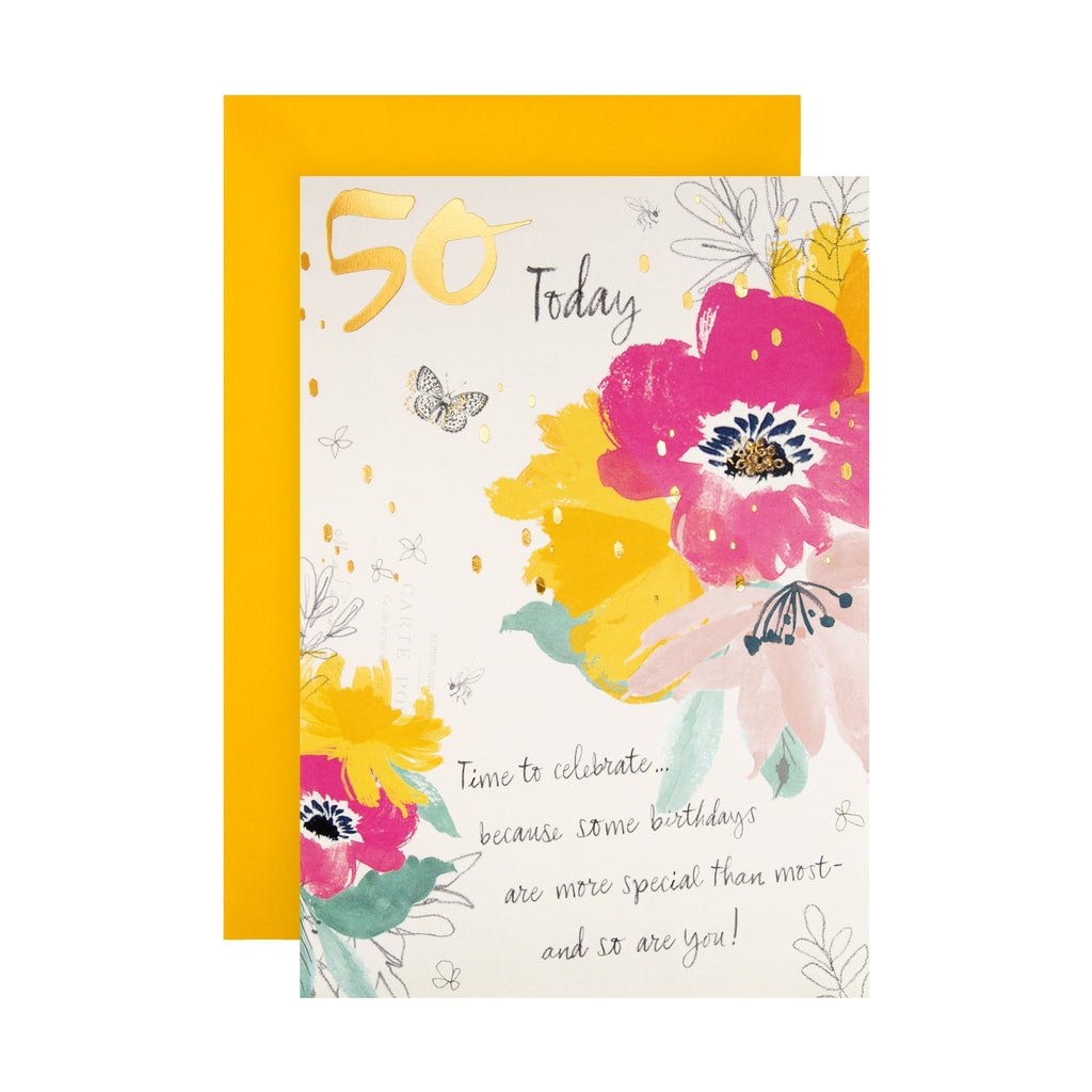 50th Birthday Card - Classic Embossed Floral Design