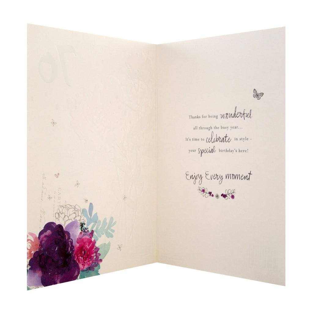 70th Birthday Card - Classic Embossed Floral Design
