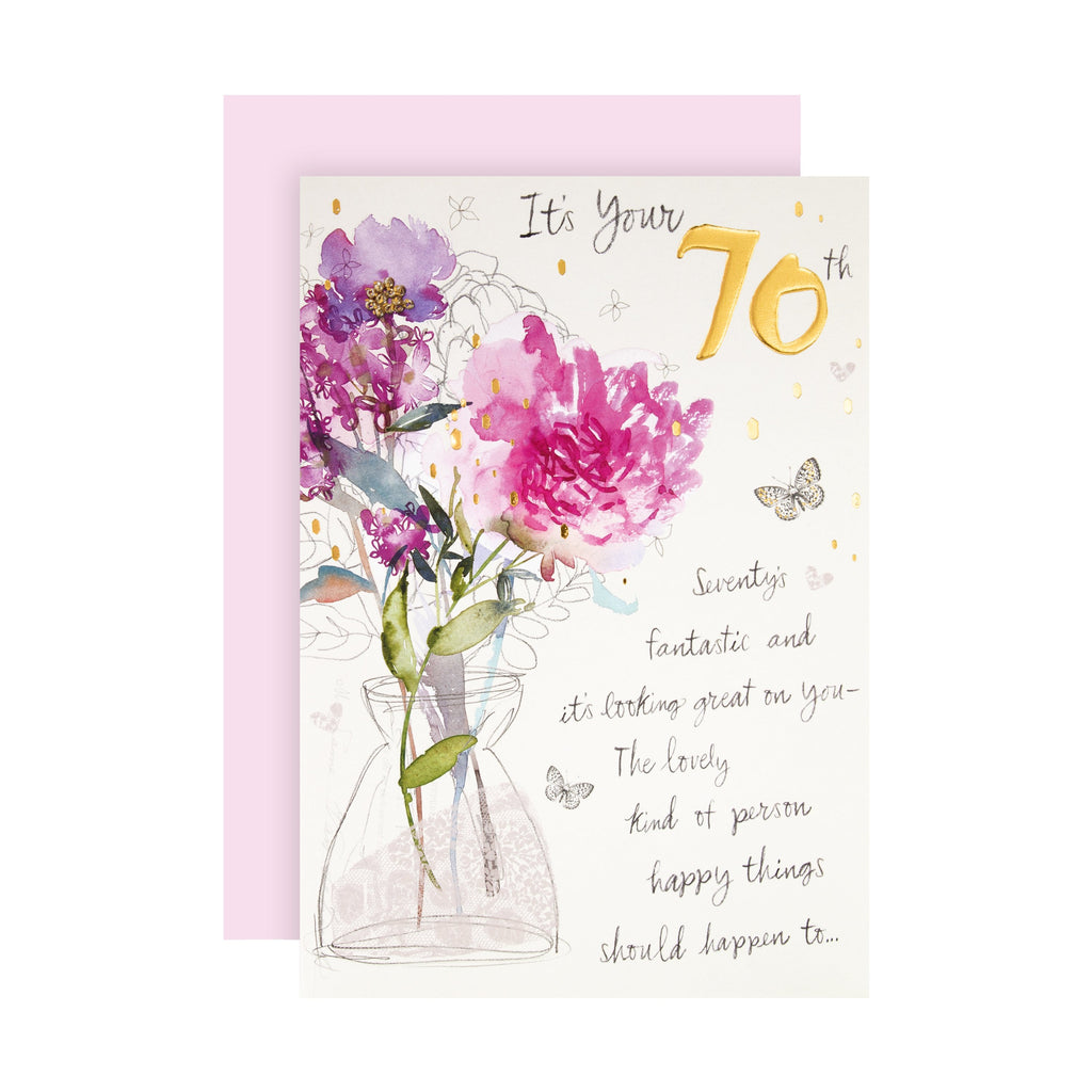 70th Birthday Card - Classic Embossed Floral Design